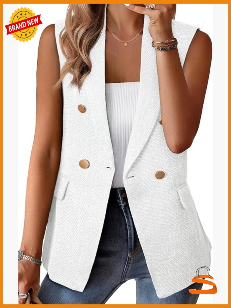 Sleeveless Tweed Blazer Vest Double Breasted Work Suit With Pockets